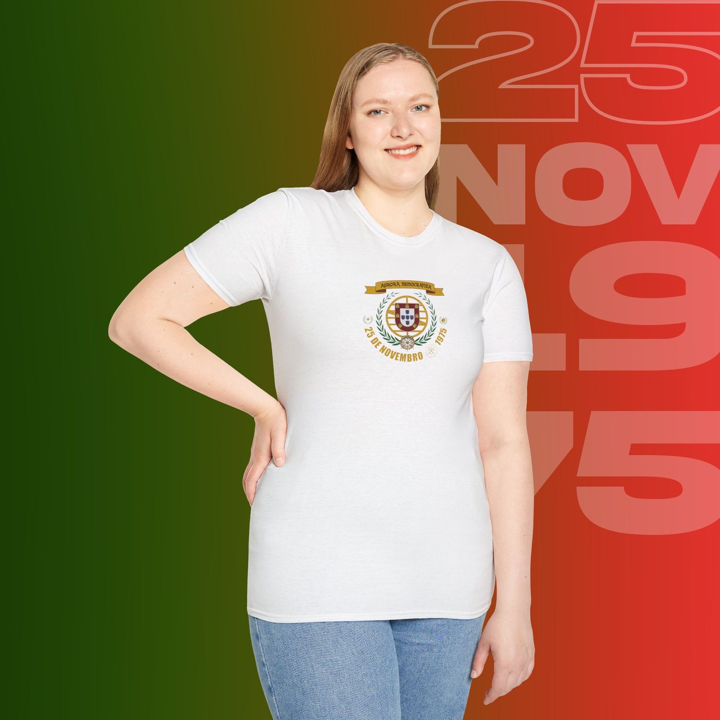 T-Shirt Comemorativa do 25 de Novembro de 1975 - "Aurora Demotratiea" (Impressão Peito Pequeno)