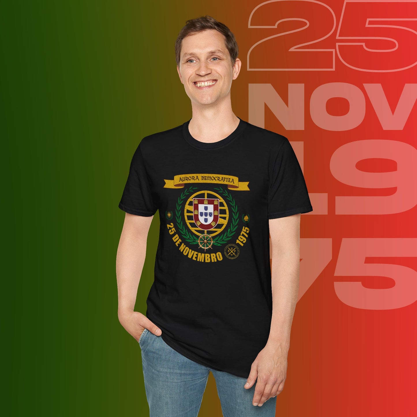 T-Shirt Comemorativa do 25 de Novembro de 1975 - "Aurora Demotratiea" (Impressão Peito Grande)