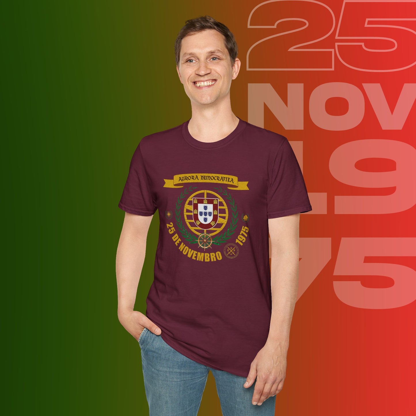 T-Shirt Comemorativa do 25 de Novembro de 1975 - "Aurora Demotratiea" (Impressão Peito Grande)