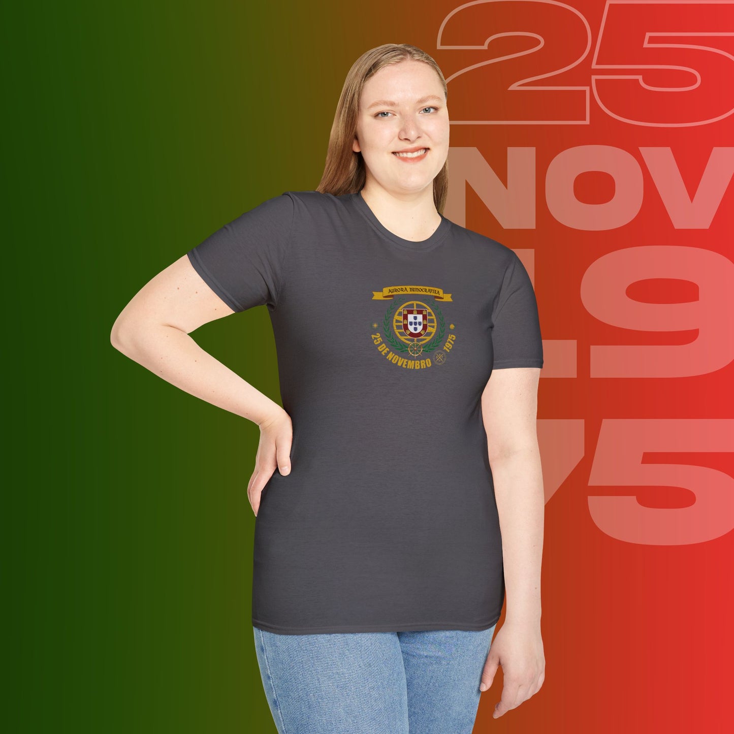 T-Shirt Comemorativa do 25 de Novembro de 1975 - "Aurora Demotratiea" (Impressão Peito Pequeno)