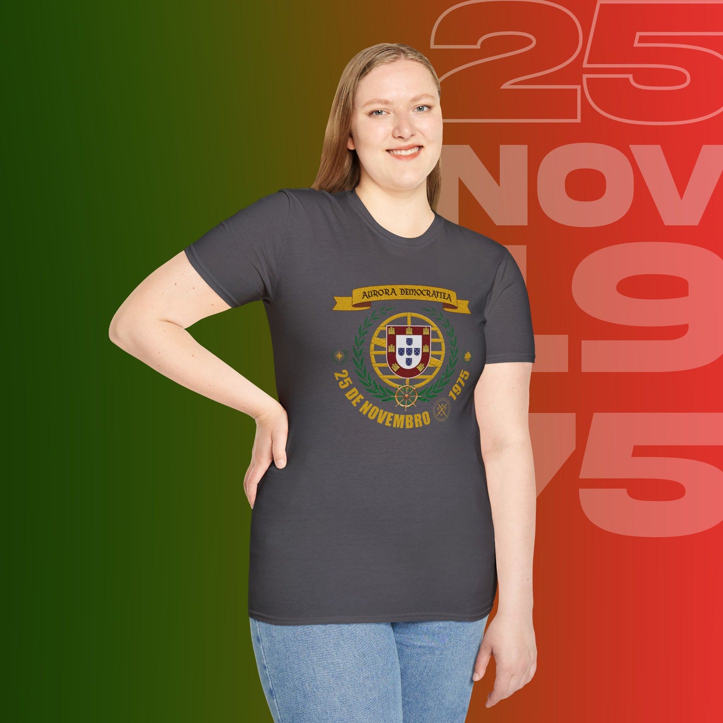 T-Shirt Comemorativa do 25 de Novembro de 1975 - "Aurora Demotratiea" (Impressão Peito Grande)