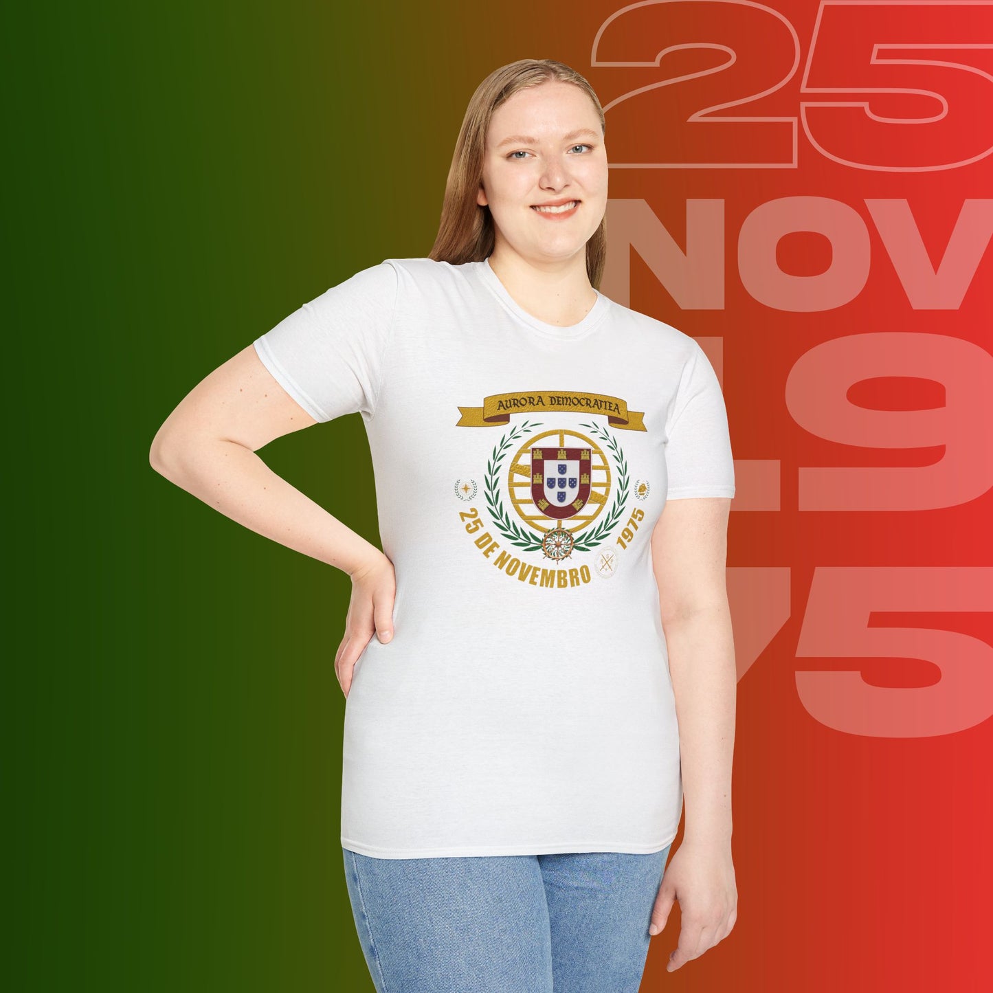 T-Shirt Comemorativa do 25 de Novembro de 1975 - "Aurora Demotratiea" (Impressão Peito Grande)