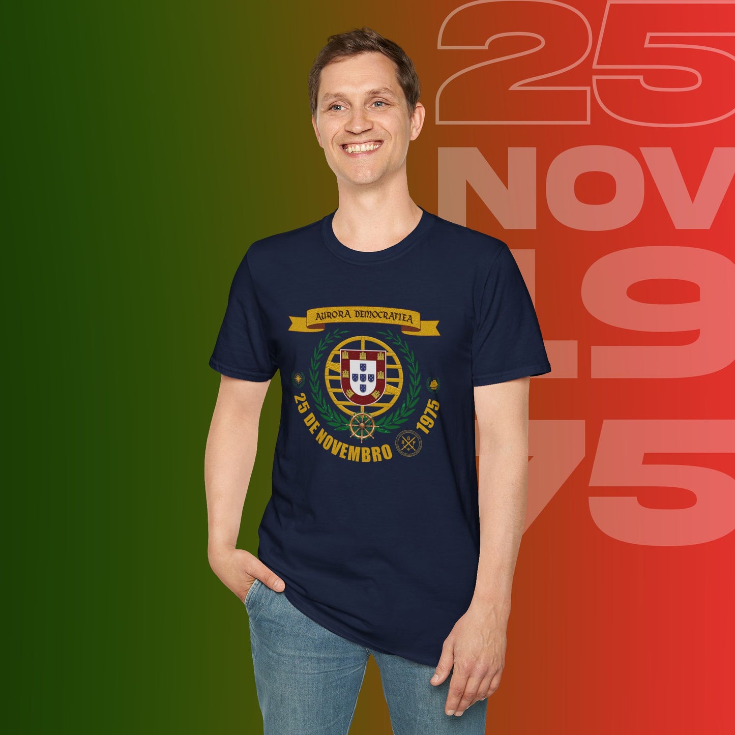 T-Shirt Comemorativa do 25 de Novembro de 1975 - "Aurora Demotratiea" (Impressão Peito Grande)